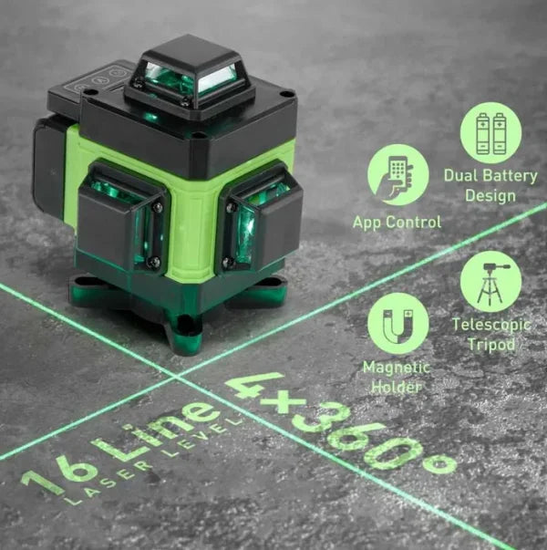 Nivela Laser 4D cu 16 Linii, Autonivelare, 2 Acumulatori, Lumina Verde, Trepied 150 cm, Telecomandă, Platformă Ridicare, Profesională