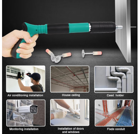 Pistol de cuie manual, unealta pentru fixarea cuielor si bolturilor in beton, lemn, fier, perete, tavan, pardoseala, de 35 cm, cu 50 cuie rotunde incluse, 3 trepte de putere, in geanta de transport si depozitare