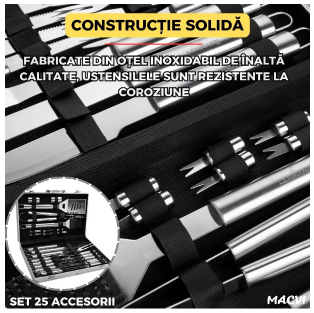 Set ustensile pentru gratar  26 piese, otel inoxidabil,geanta transport aluminiu captusita 43x27x8cm