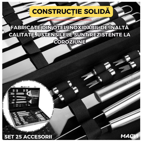 Set ustensile pentru gratar  26 piese, otel inoxidabil,geanta transport aluminiu captusita 43x27x8cm