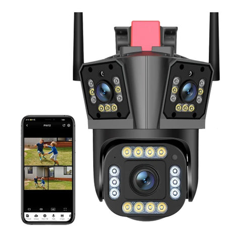 Camera de Supraveghere Tripla WIFI, 12MP, Exterior/Interior, Ultra HD, 5X zoom, Rotire, Leduri, Lumina, Comunicare Bidirectionala, Alarma, Senzor Miscare, 4G