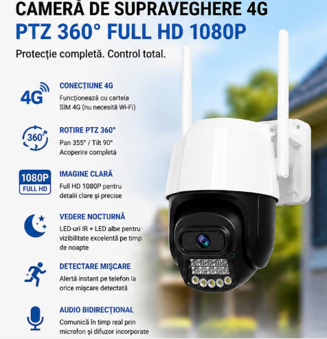 CAMERA DE SUPRAVEGHERE 4G PTZ 360 FULL HD 1080P EXTERIOR ROTIRE PAN TILT VEDERE NOCTURNA DETECTARE MISCARE NOCTURNA SIM 4G