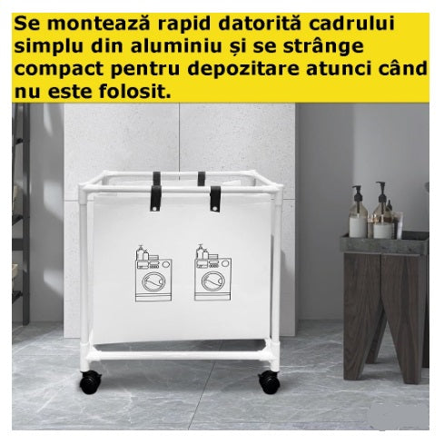 Cos De Rufe Murdare Cu Rotile, Pentru Sortare Si Organizare Haine, Material Textil, Cadru Aluminiu, Dimensiuni 55 x 25 x 57 cm, Alb