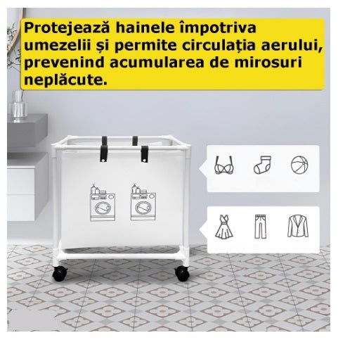 Cos De Rufe Murdare Cu Rotile, Pentru Sortare Si Organizare Haine, Material Textil, Cadru Aluminiu, Dimensiuni 55 x 25 x 57 cm, Alb