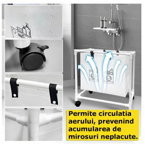 Cos De Rufe Murdare Cu Rotile, Pentru Sortare Si Organizare Haine, Material Textil, Cadru Aluminiu, Dimensiuni 55 x 25 x 57 cm, Alb