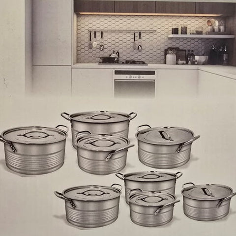 Set 8 oale din inox cu capac, (Model scurt) capacitate 3 - 9.5L , 16 piese, inox indian