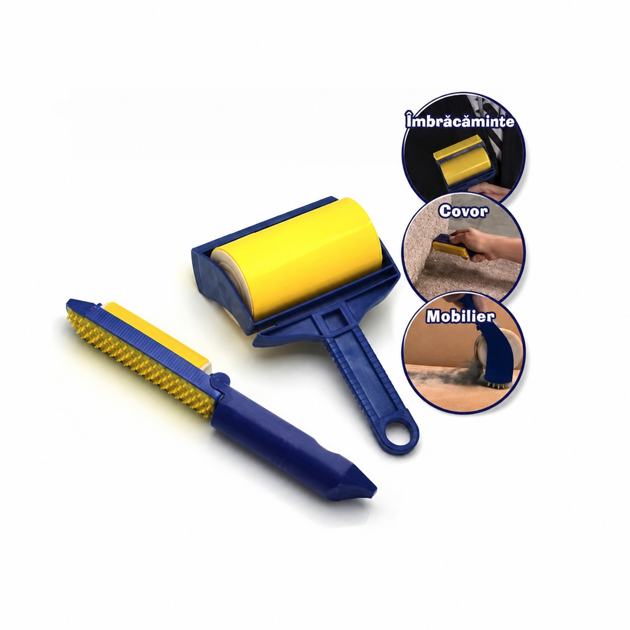 Set 2 role reutilizabile Sticky Buddy pentru scame, praf și păr de animale, cu peri din cauciuc