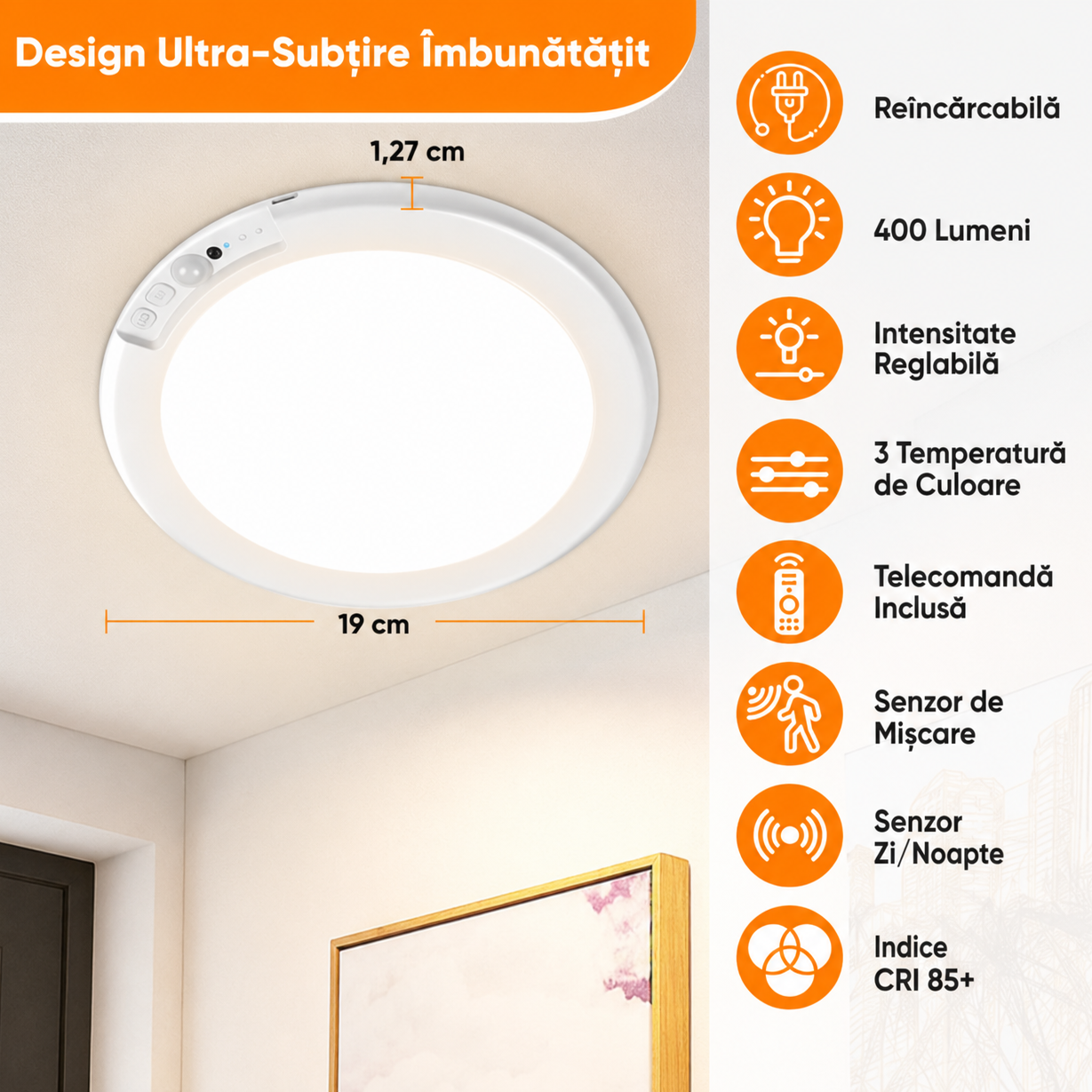 Lampă LED de Tavan Reîncărcabilă 8000mAh cu Senzor de Mișcare, Fixare Magnetică, Telecomandă, 3 Temperaturii de Culoare, Intensitate Reglabilă, USB-C, pentru Hol, Dulap, Dormitor, Bucătărie
