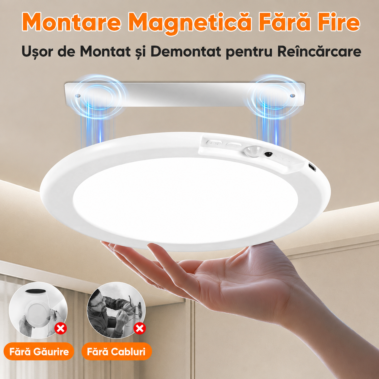 Lampă LED de Tavan Reîncărcabilă 8000mAh cu Senzor de Mișcare, Fixare Magnetică, Telecomandă, 3 Temperaturii de Culoare, Intensitate Reglabilă, USB-C, pentru Hol, Dulap, Dormitor, Bucătărie