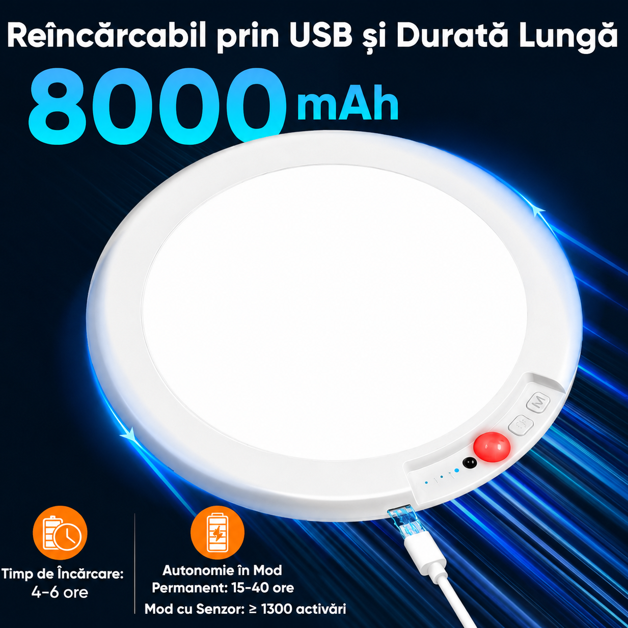 Lampă LED de Tavan Reîncărcabilă 8000mAh cu Senzor de Mișcare, Fixare Magnetică, Telecomandă, 3 Temperaturii de Culoare, Intensitate Reglabilă, USB-C, pentru Hol, Dulap, Dormitor, Bucătărie
