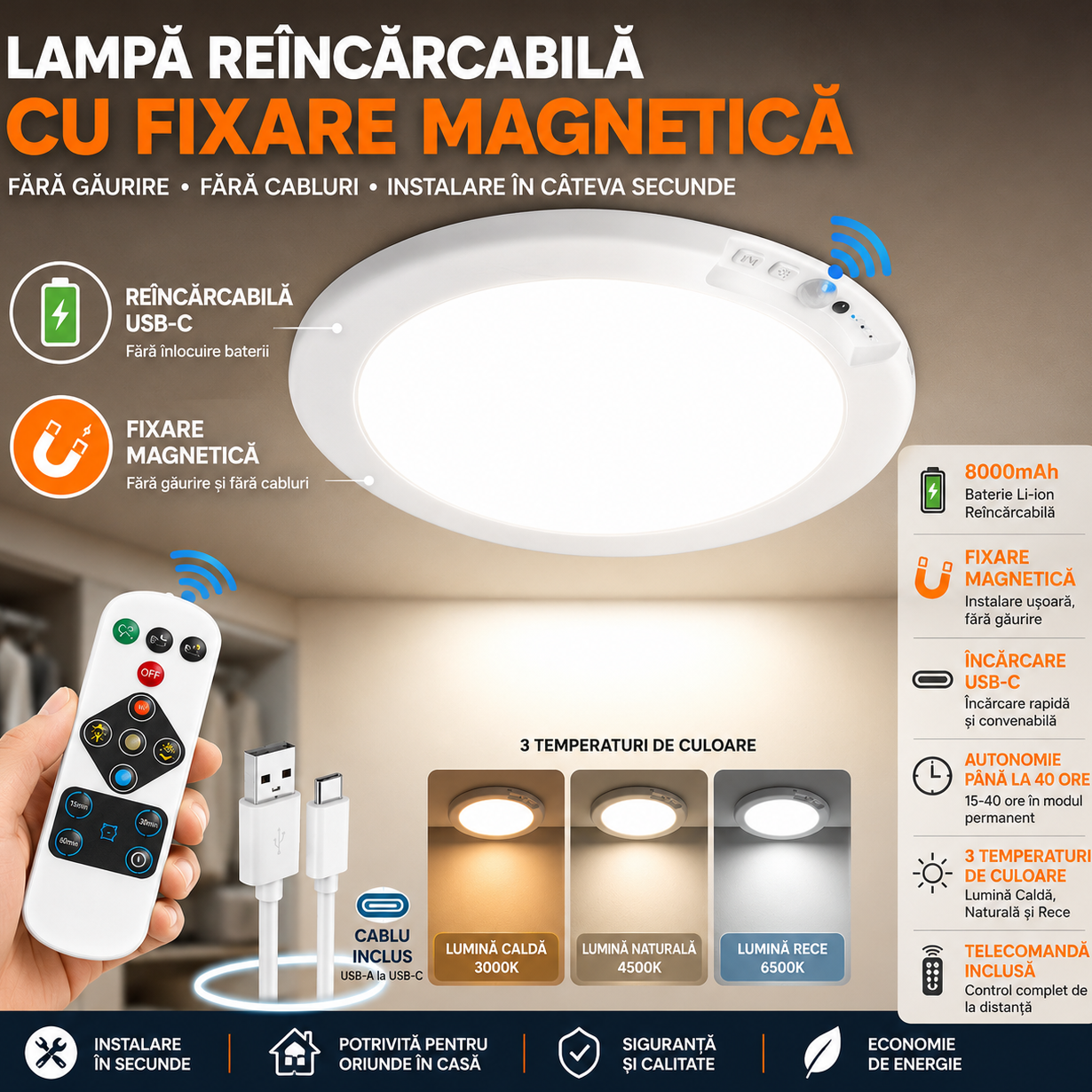 Lampă LED de Tavan Reîncărcabilă 8000mAh cu Senzor de Mișcare, Fixare Magnetică, Telecomandă, 3 Temperaturii de Culoare, Intensitate Reglabilă, USB-C, pentru Hol, Dulap, Dormitor, Bucătărie