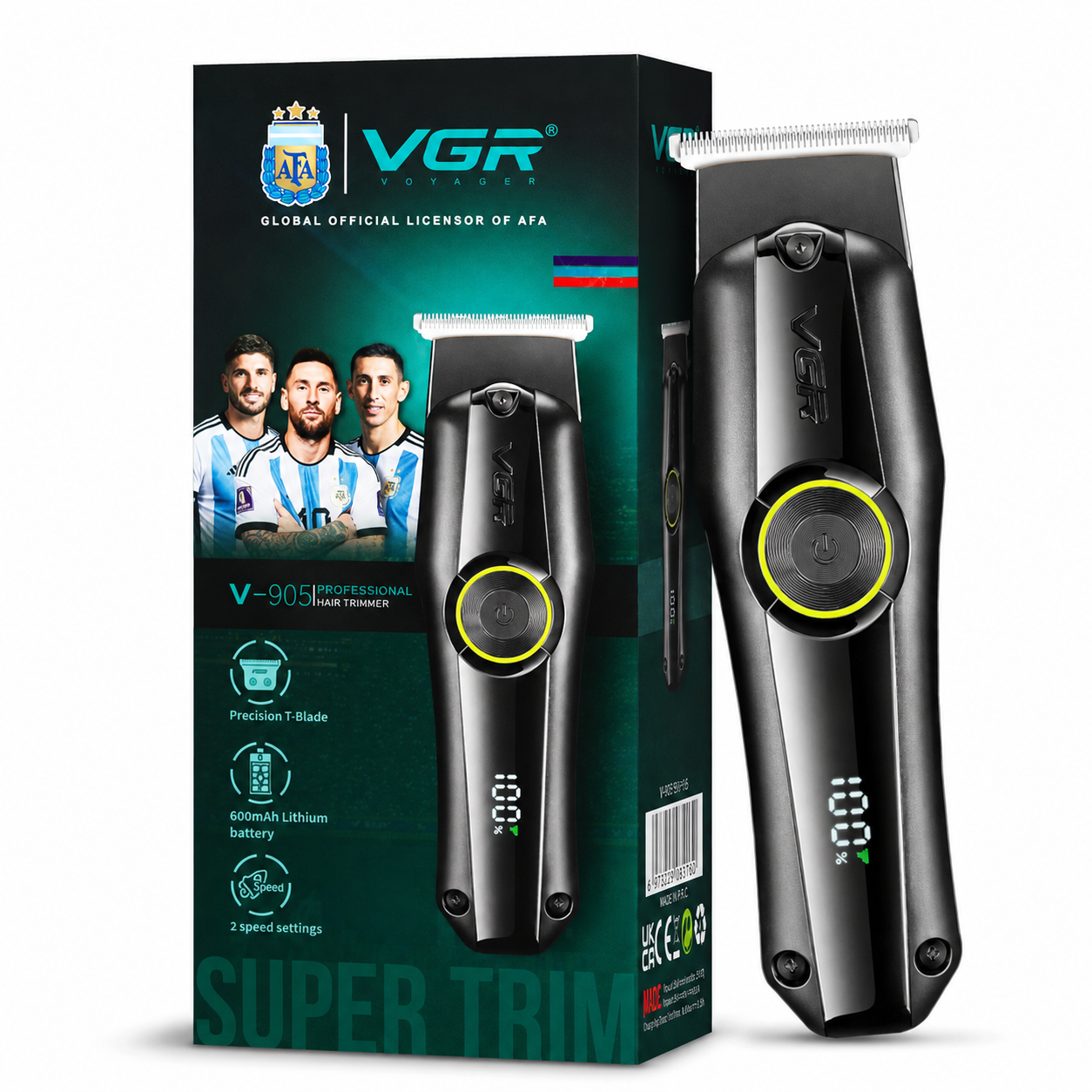 Aparat de tuns profesional VGR V-905, fără fir, lamă T din inox, 2 viteze, afișaj LED, acumulator 600 mAh, încărcare USB, 3 distanțiere, negru