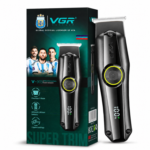 Aparat de tuns profesional VGR V-905, fără fir, lamă T din inox, 2 viteze, afișaj LED, acumulator 600 mAh, încărcare USB, 3 distanțiere, negru