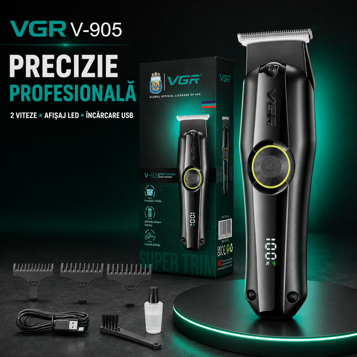 Aparat de tuns profesional VGR V-905, fără fir, lamă T din inox, 2 viteze, afișaj LED, acumulator 600 mAh, încărcare USB, 3 distanțiere, negru