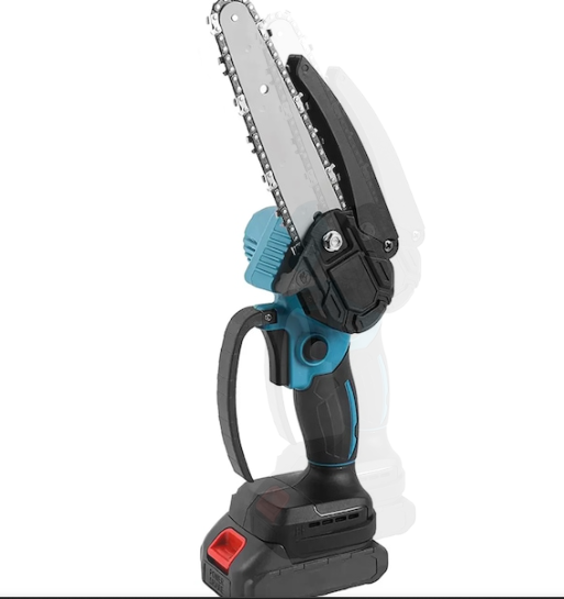 Mini fierastrau cu lant tip drujba electrica, 2 acumulatori 48V, 2 lanturi de 15cm incluse, buton de siguranta, aparatoare, albastru-negru