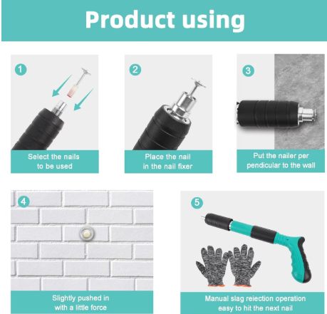Pistol de cuie manual, unealta pentru fixarea cuielor si bolturilor in beton, lemn, fier, perete, tavan, pardoseala, de 35 cm, cu 50 cuie rotunde incluse, 3 trepte de putere, in geanta de transport si depozitare