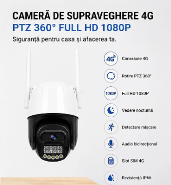 CAMERA DE SUPRAVEGHERE 4G PTZ 360 FULL HD 1080P EXTERIOR ROTIRE PAN TILT VEDERE NOCTURNA DETECTARE MISCARE NOCTURNA SIM 4G