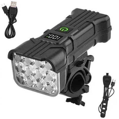 Far LED pentru bicicletă, afisaj digital, 12 LED, 5 Moduri Iluminare + Claxon