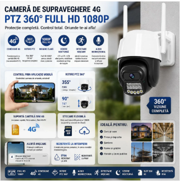 CAMERA DE SUPRAVEGHERE 4G PTZ 360 FULL HD 1080P EXTERIOR ROTIRE PAN TILT VEDERE NOCTURNA DETECTARE MISCARE NOCTURNA SIM 4G
