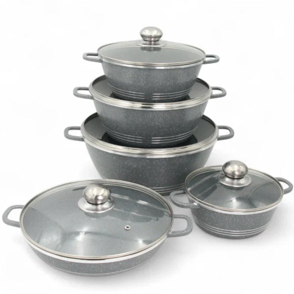Set de vase ( OALE ) de gătit antiaderente Hot Chef, 10 piese – Caserole premium din marmură granit cu capace de sticlă și caserolă joasă, set de bucătărie durabil, fără PFOA, sănătos și elegant