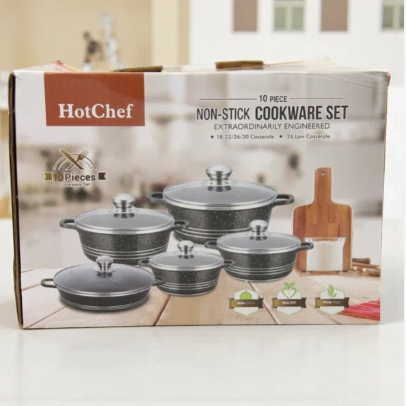 Set de vase ( OALE ) de gătit antiaderente Hot Chef, 10 piese – Caserole premium din marmură granit cu capace de sticlă și caserolă joasă, set de bucătărie durabil, fără PFOA, sănătos și elegant