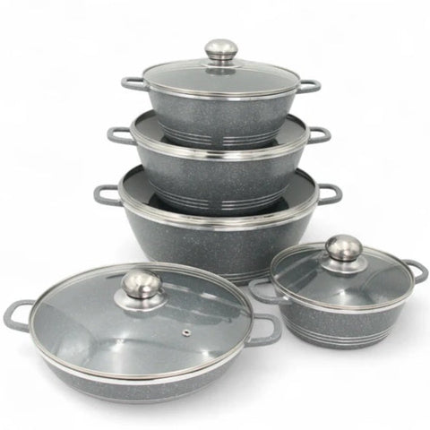 Set de vase ( OALE ) de gătit antiaderente Hot Chef, 10 piese – Caserole premium din marmură granit cu capace de sticlă și caserolă joasă, set de bucătărie durabil, fără PFOA, sănătos și elegant