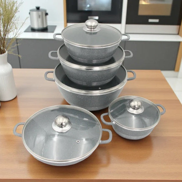 Set de vase ( OALE ) de gătit antiaderente Hot Chef, 10 piese – Caserole premium din marmură granit cu capace de sticlă și caserolă joasă, set de bucătărie durabil, fără PFOA, sănătos și elegant