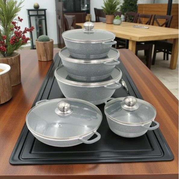 Set de vase ( OALE ) de gătit antiaderente Hot Chef, 10 piese – Caserole premium din marmură granit cu capace de sticlă și caserolă joasă, set de bucătărie durabil, fără PFOA, sănătos și elegant