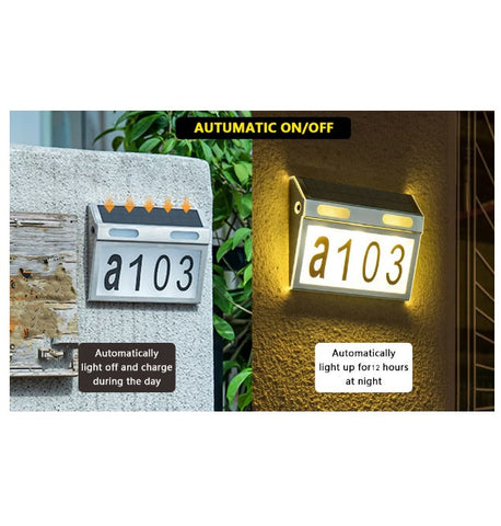 Număr de casă din oțel inoxidabil cu panou solar, Iluminare 10 leduri – imagine principală