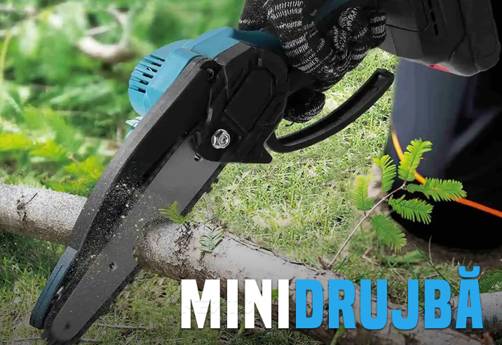 Mini fierastrau cu lant tip drujba electrica, 2 acumulatori 48V, 2 lanturi de 15cm incluse, buton de siguranta, aparatoare, albastru-negru