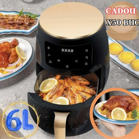 Friteuza cu aer cald 6L, AirFryer 2400W, SI AFISAJ DIGITAL Functie de Coacere, Prajire fara ulei + CADOU 50 Hartie de copt pentru friteuza si tava, unica folosinta,