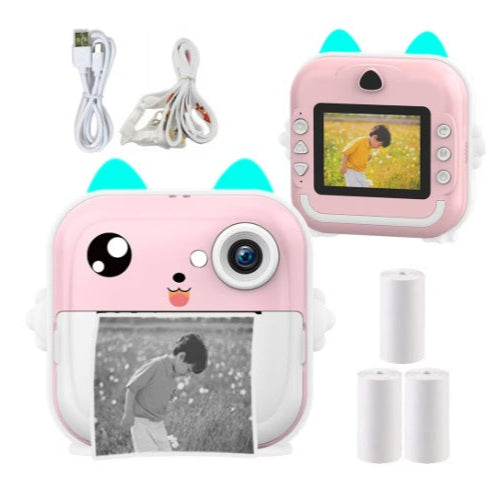 Camera foto instant pentru copii, Aparat Foto-Video FULL HD pentru copii, cu functie de printare, ecran LCD de 2.4 inch, 3 role incluse, snur de sustinere