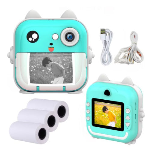 Camera foto instant pentru copii, Aparat Foto-Video FULL HD pentru copii, cu functie de printare, ecran LCD de 2.4 inch, 3 role incluse, snur de sustinere