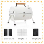 Gratar, mic portabil, de uz casnic, multifunctional, carbune, cu tigaie pentru gratar, design zona de gratar cu doua fete, suport triunghiular stabil, echipat cu orificii, negru si alb, 37X25X38CM