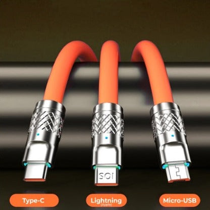 Cablu Date si Incarcare Rapida , 3 in 1, 120W, QC 3.0, USB, USB-C, Lighting, 1.2m, Compatibil iPhone, Samsung, Huawei, Portocaliu