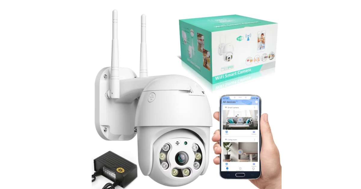 Cameră WiFi cu ambalaj și alimentator; telefonul ilustrează controlul de la distanță și nu este inclus