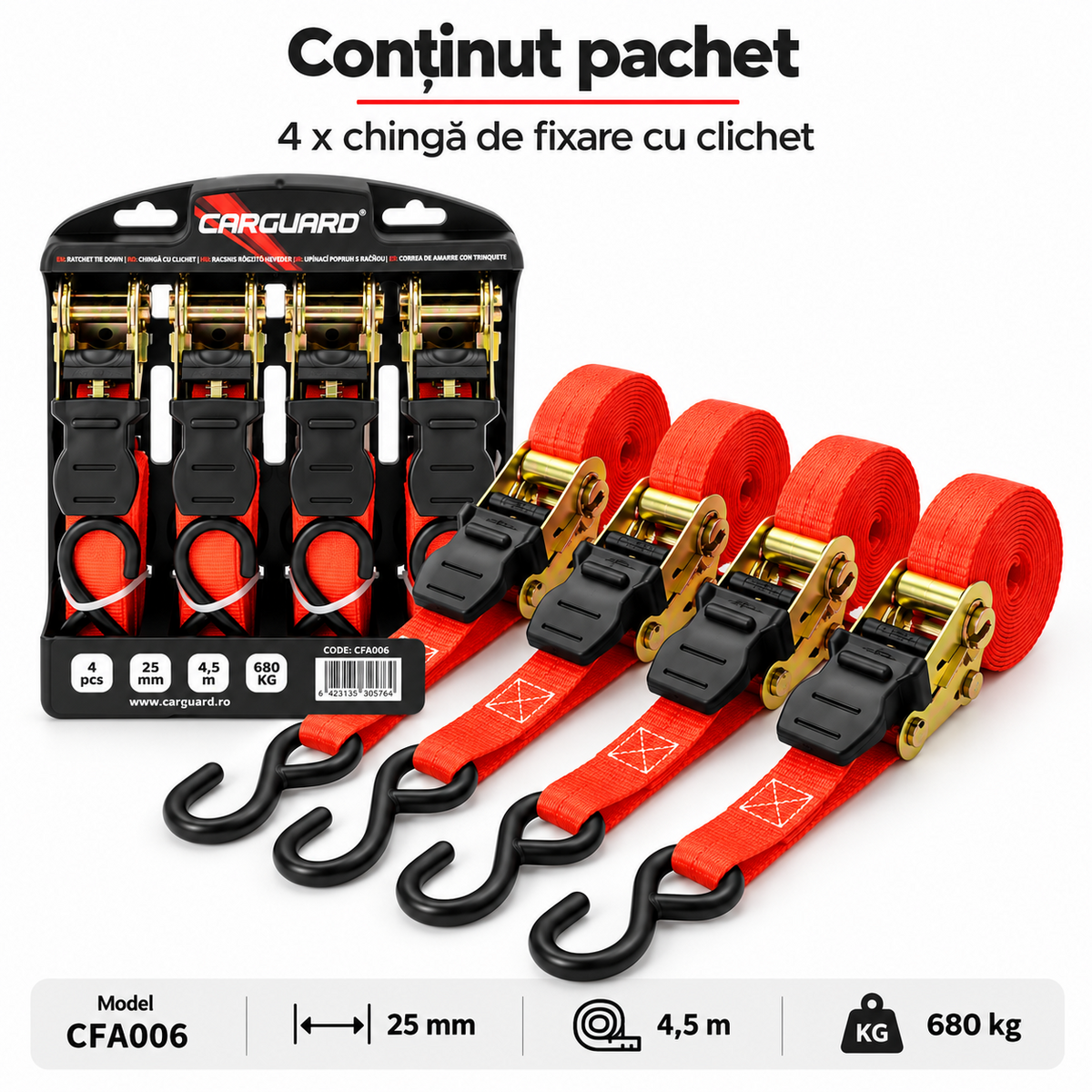 Conținut pachet Carguard CFA006 cu 4 chingi de fixare