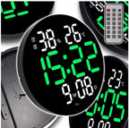 Ceas digital LED de perete, cu telecomandă, încărcare USB, rotund, afisaj alb-verde