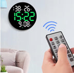 Ceas digital LED de perete, cu telecomandă, încărcare USB, rotund, afisaj alb-verde