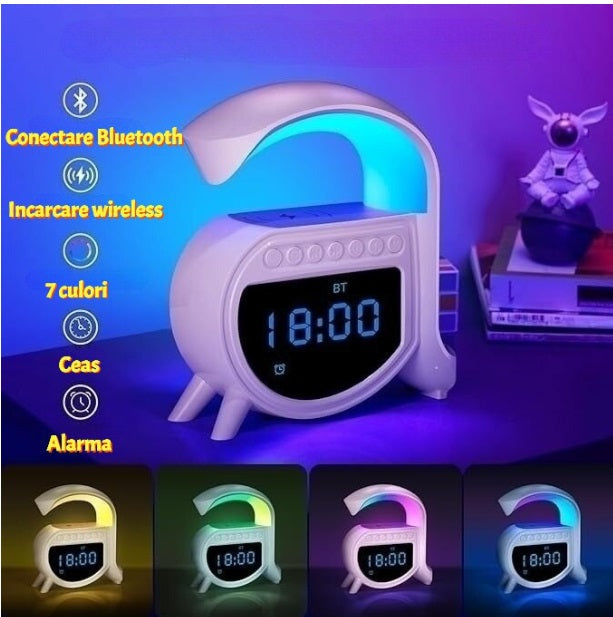 Încărcător fără fir, 15W Ceas deşteptător, Muzică, 4-în-1, Difuzor Bluetooth – imagine 7