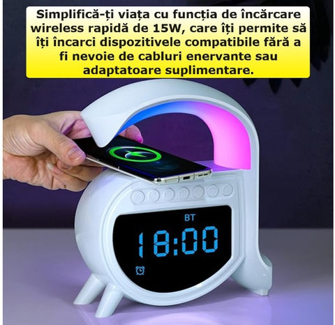 Încărcător fără fir, 15W Ceas deşteptător, Muzică, 4-în-1, Difuzor Bluetooth