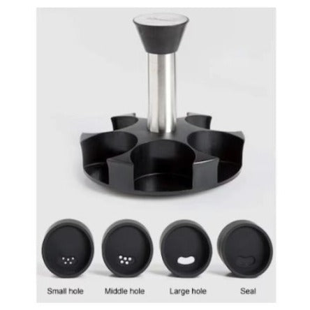 Set recipiente pentru condimente, suport rotativ, 6 recipiente, 18x16x12cm, negru