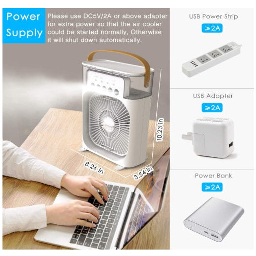 Mini Aer Conditionat portabil, Ventilator portabil 3 în 1: racorire, umidificare și iluminare în 7 culori, Incarcare USB