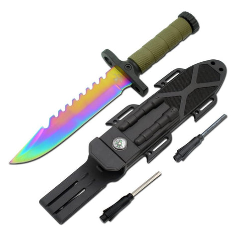 Cuțit tactic militar multifuncțional de supraviețuire, cu teaca, fluier, ascuțitor de lamă și aprinzator foc
