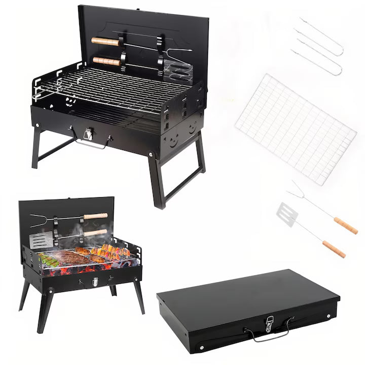 Gratar portabil, tip servieta, pliabil, accesorii incluse, metal, negru, 47x44x27cm