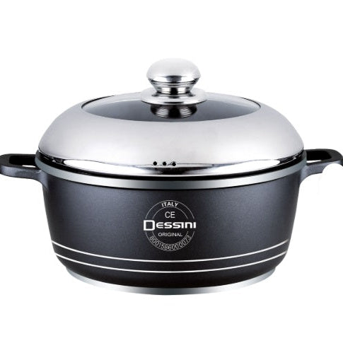 Oala din aluminiu turnat teflonat, NEW DESSINI, Cu capac inclus,22 cm