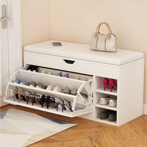 Dulap pentru pantofi tip bancheta, 80 x 30 x 51 cm, Alb/Maro/Gri