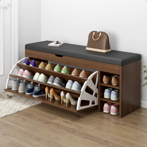 Dulap pentru pantofi tip bancheta, 80 x 30 x 51 cm, Alb/Maro/Gri