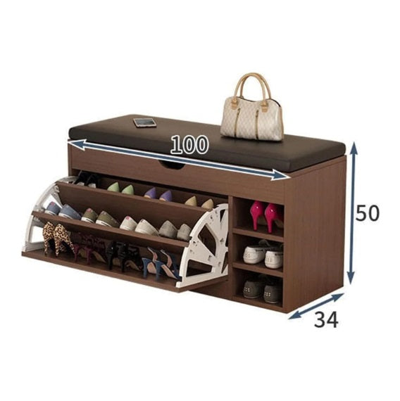 Dulap pentru pantofi tip bancheta, 80 x 30 x 51 cm, Alb/Maro/Gri