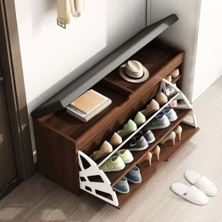 Dulap pentru pantofi tip bancheta, 80 x 30 x 51 cm, Alb/Maro/Gri